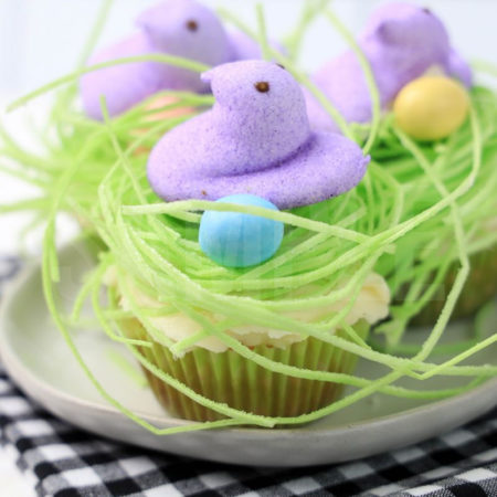 The Peeps Bird Nest Cupcakes comes on a white plate on a plaid napkin with a white wood backdrop.