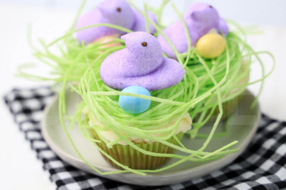 The Peeps Bird Nest Cupcakes comes on a white plate on a plaid napkin with a white wood backdrop.