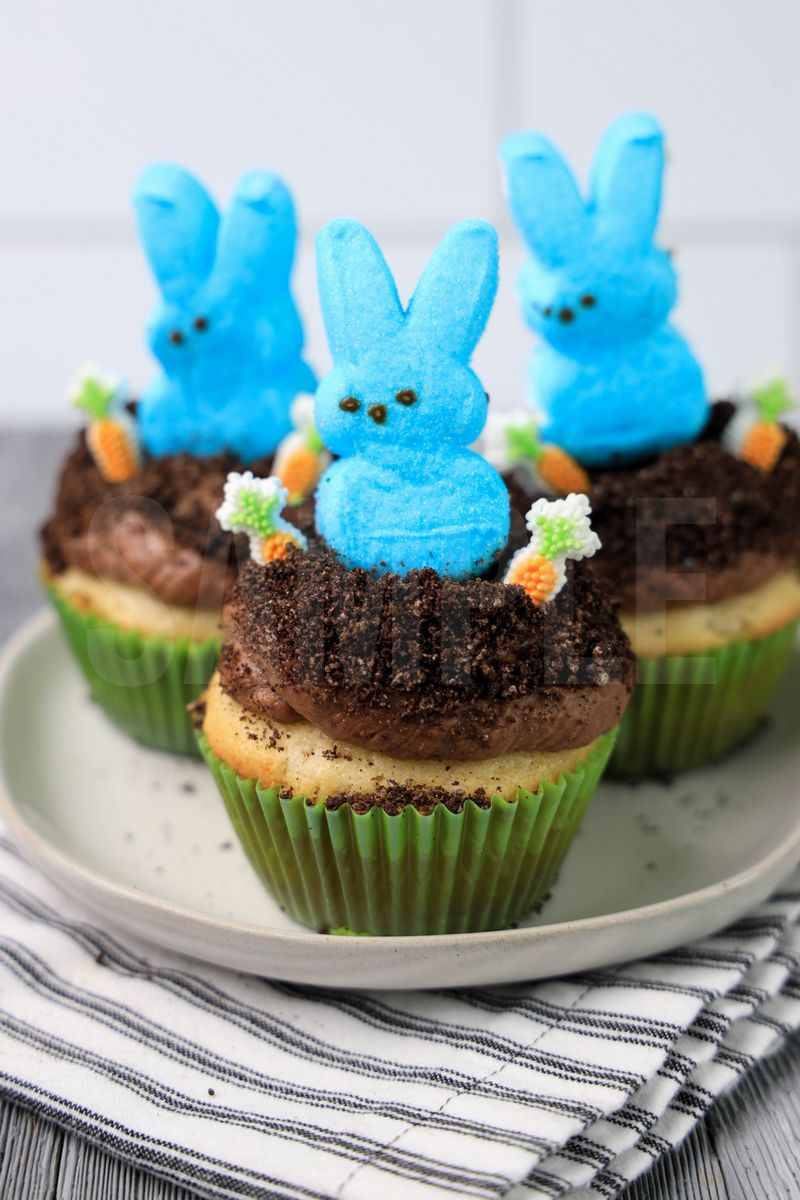 The Peeps Bunny Dirt Cupcakes comes on a white plate on a white striped napkin with a gray wood backdrop.
