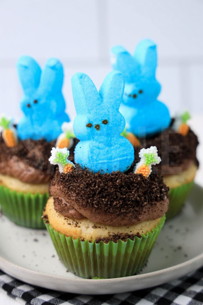 The Peeps Bunny Dirt Cupcakes comes on a white plate on a plaid napkin with a white wood backdrop.