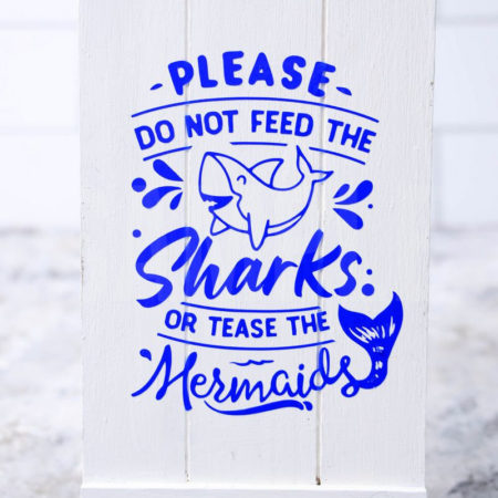 The Do Not Feed The Sharks Cricut Dollar Tree DIY comes pictured on a marble backdrop.