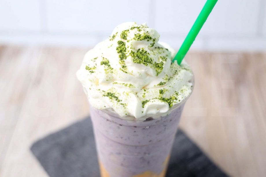 The Halloween Frappuccino Starbucks Copycat comes in a venti cup with a denim napkin on a rustic wood backdrop.