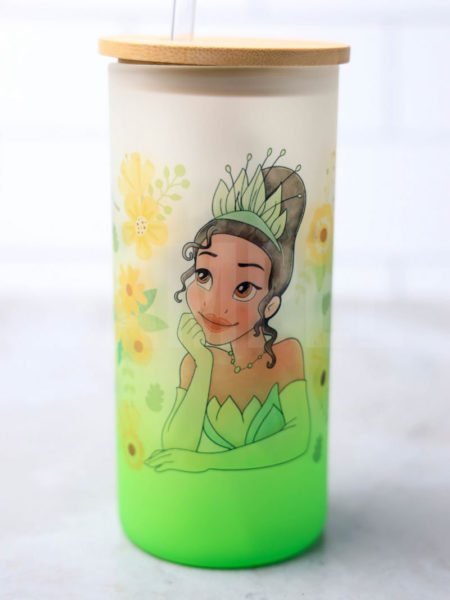 The Princess and the Frog Glass Can Tumbler Sublimation Exclusive comes on a gray backdrop.