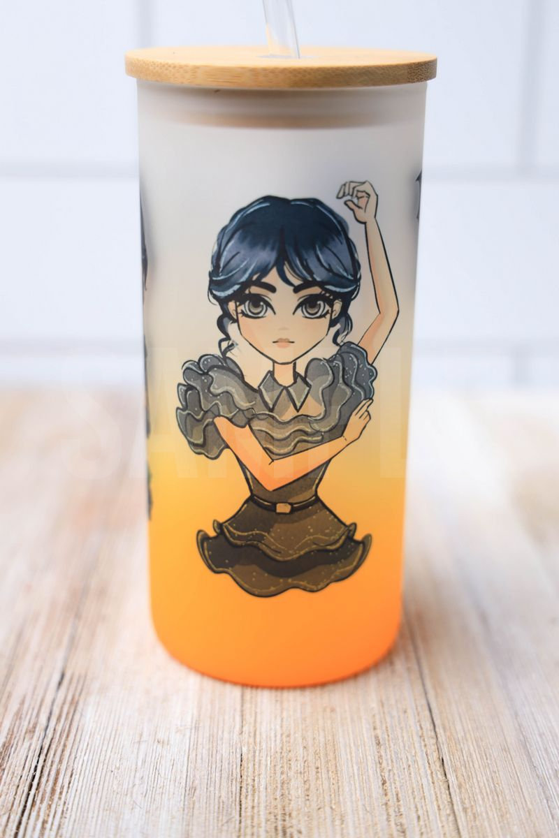 The Wednesday Addams Glass Can Tumbler Sublimation Exclusive comes on a rustic wood backdrop.