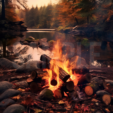 Campfire setting in the woods.