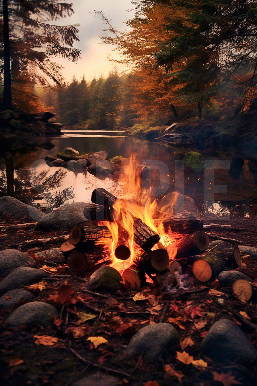 Campfire setting in the woods.