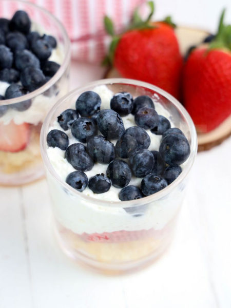 The Patriotic Trifle comes in a clear glass with white wood backdrop.